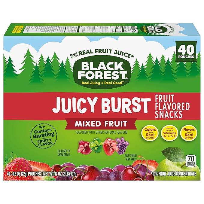 Black Forest, Juicy Burst, Fruit Flavored Snacks, Mixed Fruit Flavors, A Juicy Burst of Natural Flavors, Made with Real Fruit Juice, 0.8 oz 40 ct