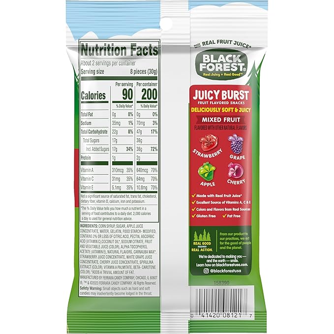 Black Forest Juicy Burst Fruit Snacks, Mixed Fruit, 2.25 Ounce Pouches (Pack of 48)