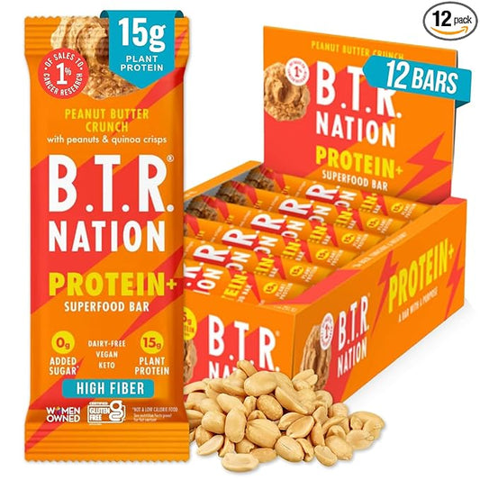 B.T.R Nation Vegan Keto Plant Based High Protein & HIgh Fiber Bars - Peanut Butter Crunch Protein+ | 12 Bars | Low Carb & GF, Free of Sugar Alcohols, Dairy, Soy, with Powerful Superfoods!
