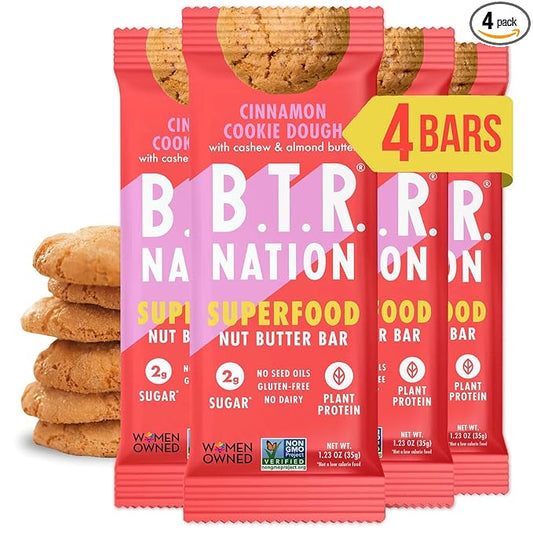 B.T.R. Nation Superfood Keto Protein Bars - Cinnamon Cookie Dough ENERGY | (4 Pack) | Plant Based Vegan Protein, Low Carb Food, Low Calorie, Gluten Free, No Sugar Alcohols, Boosted with Superfoods