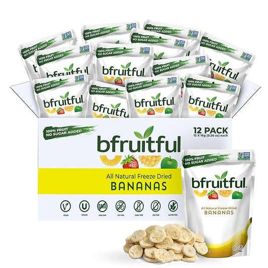 bfruitful Freeze-Dried Banana, Freeze Dried Fresh Fruit Bites, Gluten Free, Vegan, Dairy Free, Kosher, No Sugar Added, Non GMO, Healthy Snacks for Kids or Adults, Single-Serve Snack Packets, 12 Pack