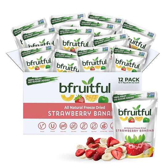 bfruitful Freeze-Dried Strawberry Banana, Freeze Dried Fresh Fruit Bites, Gluten Free, Vegan, Dairy Free, Kosher, No Sugar Added, Non GMO, Healthy Snacks for Kids or Adults, Single-Serve Snack Packets, 12 Pack