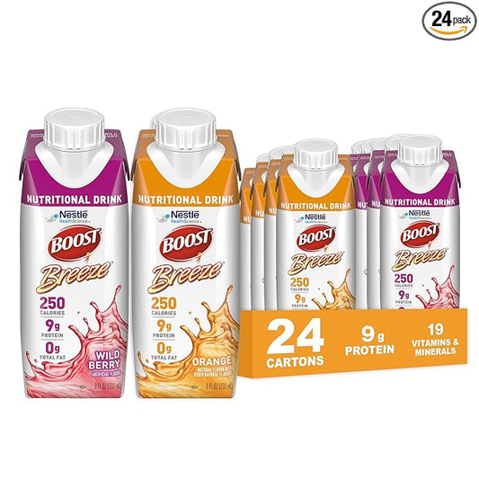Boost Breeze Clear Nutritional Drink, 9g Protein, 250 Nutrient-Rich Calories, 2 Flavor Variety Case (Orange + Wildberry), 8 Fl Oz (Pack of 24)
