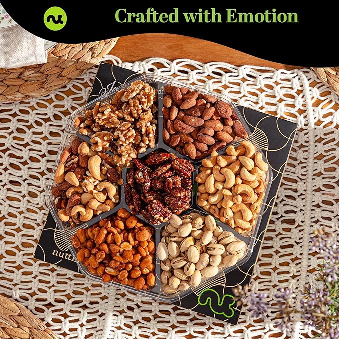 NUT CRAVINGS - Mixed Nuts Gift Basket in Black Gold Box (7 Assortments, 2 LB) Food Arrangement, Healthy Snack Care Package, Food Assortments