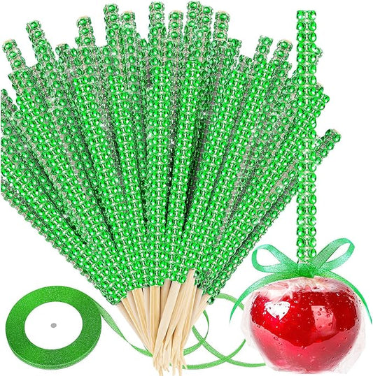 Bling Sticks for Candy Apples, 26Pcs Caramel Apple Wooden Pointed Skewers with 26Pcs Glass Bag and 22Yd Glitter Ribbons Tie, Fruit Cake Pop Chocolate Green Crystal Bamboo Sticks for Party Favor