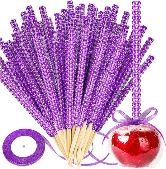 Bling Sticks for Candy Apples, 26Pcs Caramel Apple Wooden Pointed Skewers with 26Pcs Glass Bag and 22Yd Glitter Ribbons Tie, Fruit Cake Pop Chocolate Purple Crystal Bamboo Sticks for Party Favor