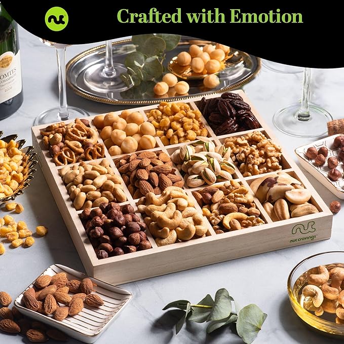 NUT CRAVINGS Gourmet Collection - Get Well Soon, Nuts Gift Basket with Get Well Soon Ribbon in Reusable Wooden Tray (12 Assortments) Food Arrangement, Healthy Snack Care Package, Food Assortments