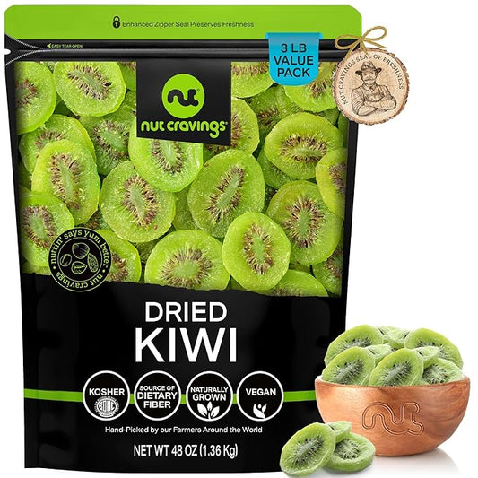 NUT CRAVINGS - Sun Dried Kiwi Slices, Lightly Sweetened (48oz, 3 LB, Bulk) Bulk Dry Fruits Packed Fresh in Resealable Bag - Sweet Healthy Snack, Naturally Grown, Vegan, Kosher