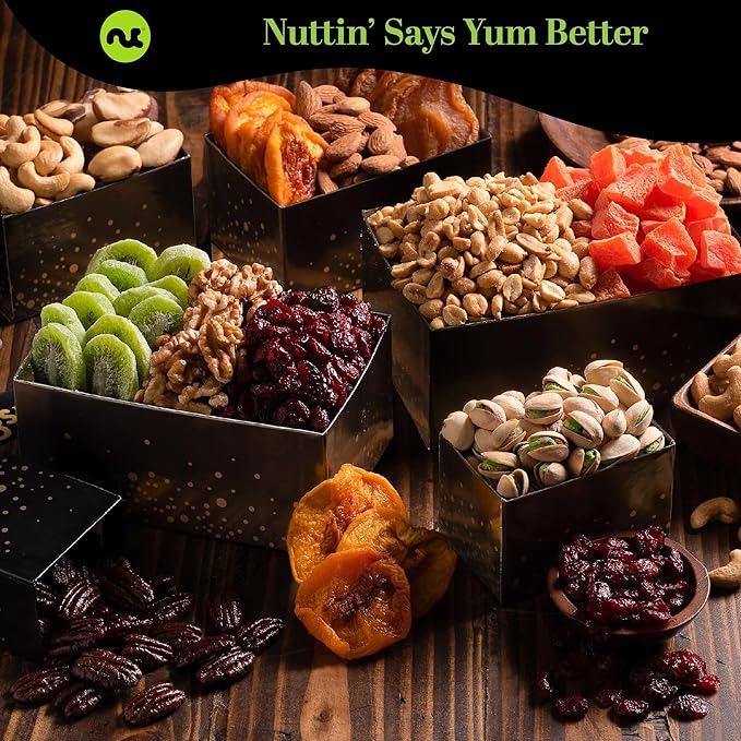 NUT CRAVINGS Gourmet Collection - Get Well Soon, Nuts & Dried Fruits Tower Gift Basket with Get Well Soon Ribbon (12 Assortments) Food Arrangement, Healthy Snack Care Package, Food Assortments