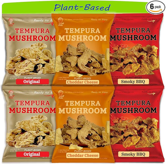 BITETUOSO TRIO set TEMPURA OYSTER MUSHROOMS for on the Go, Plant-Based Snack, Falvors: Original, Smoky BBQ, Cheddar Cheese Plant-Based, 1.41 oz (Pack of 6), Dairy Free, Vegan, Crispy Gourmet Snack, No MSG