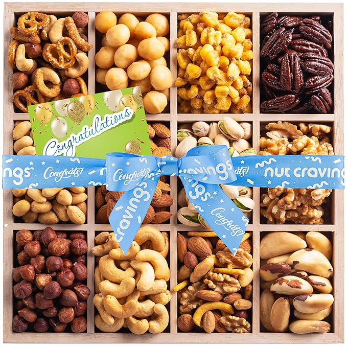 NUT CRAVINGS Gourmet Collection - Congratulations, Nuts Gift Basket with Congrats Ribbon + Greeting Card in Reusable Wooden Tray (12 Assortments) Graduation Food Arrangement, Healthy Snack, Food Assortments