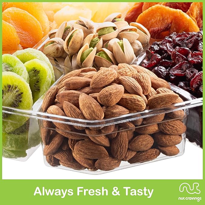 NUT CRAVINGS - Rosh Hashana & Shana Tova Dried Fruit & Mixed Nuts Gift Basket + Green Ribbon (7 Assortments, 2 LB) Food Arrangement, Healthy Snack Care Package, Food Assortments