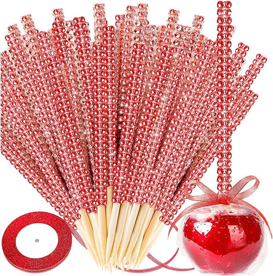 Bling Sticks for Candy Apples, 26Pcs Caramel Apple Wooden Pointed Skewers with 26Pcs Glass Bag and 22Yd Glitter Ribbons Tie, Fruit Cake Pop Chocolate Red Crystal Bamboo Sticks for Party Favor