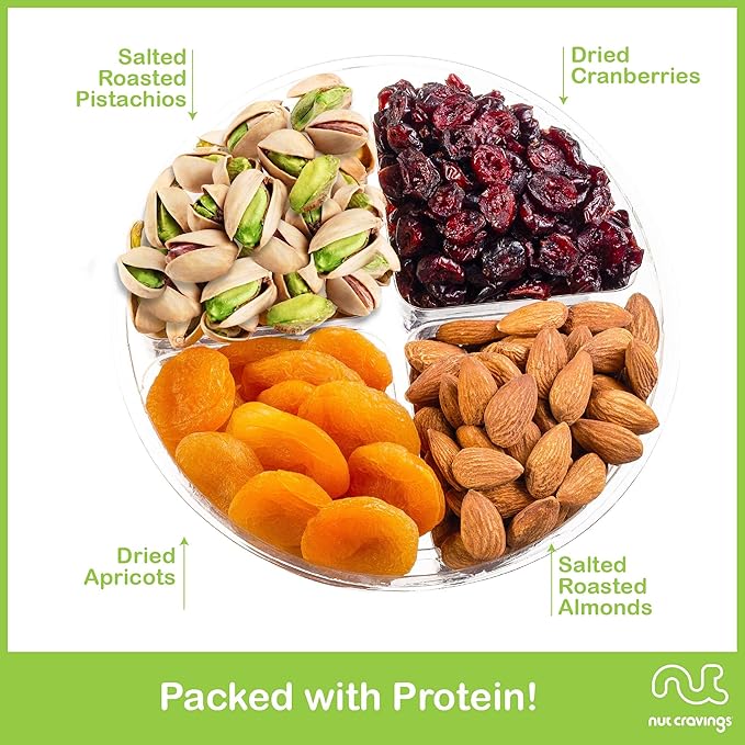 NUT CRAVINGS - Rosh Hashana & Shana Tova Dried Fruit & Mixed Nuts Gift Basket + Green Ribbon (4 Assortments) Food Arrangement, Healthy Snack Care Package, Food Assortments