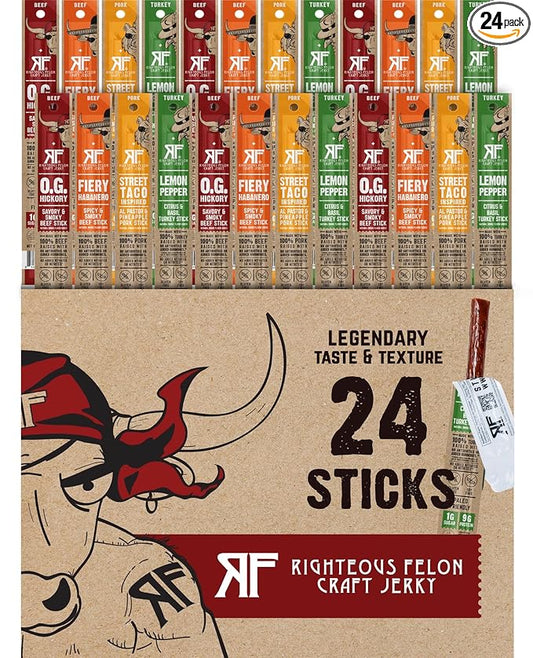 Righteous Felon Meat Sticks Variety Pack | Healthy Snack for Adults | Gluten Free & Keto Meat Sticks | Low Sugar & High Protein | Turkey, Pork, Beef Sticks | Jerky Gifts for Men | 24 Pack