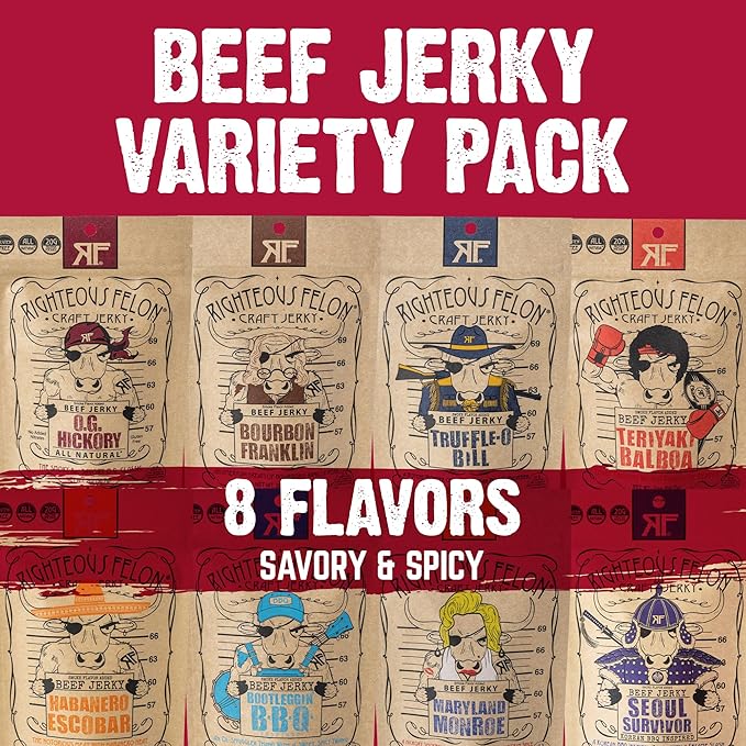 Righteous Felon Beef Jerky & Meat Sticks Variety Pack | Gluten Free Beef Jerky Snack Packs for Adults | High Protein, Keto, Low Sugar | Made with Premium Meats | Gifts for Men | 11 Pack Sampler