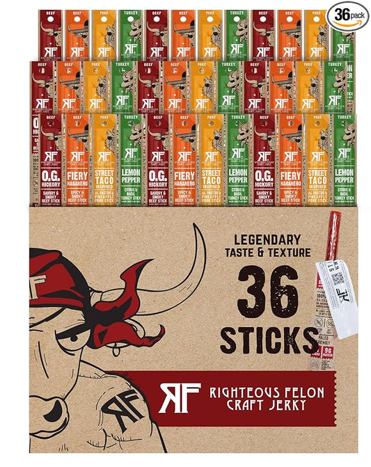 Righteous Felon Beef Sticks Variety Pack | Healthy Snack for Adults | Gluten Free & Keto | Low Sugar & High Protein | Turkey, Pork, Beef Sticks | Jerky Gifts for Men | 36 Pack