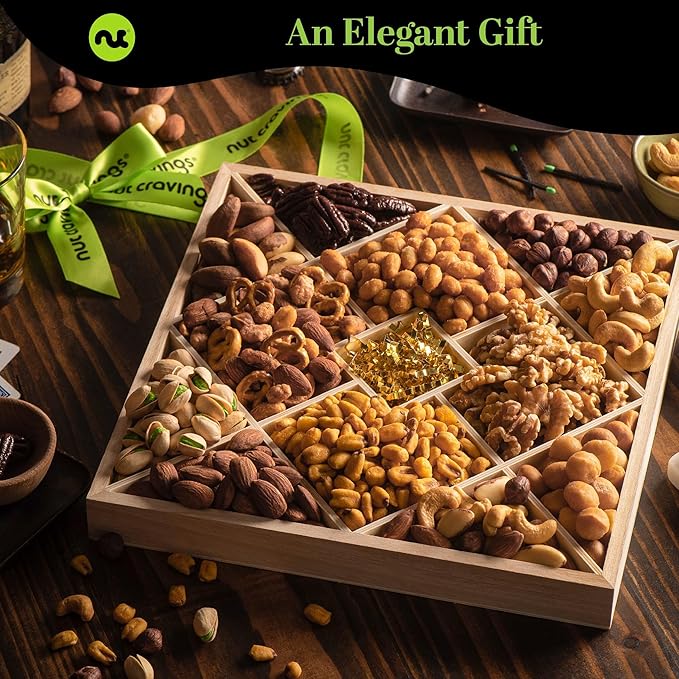 NUT CRAVINGS - Mixed Nuts Gift Basket in Reusable Diamond Wooden Tray + Green Ribbon (12 Assortments) Food Arrangement, Healthy Snack Care Package, Food Assortments