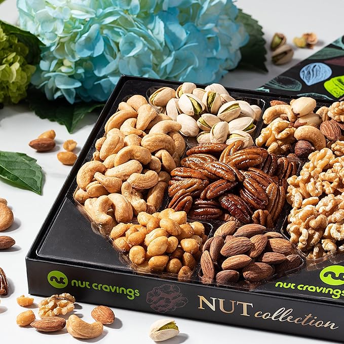 NUT CRAVINGS - Nut Collection Gift Basket in Elegant Box (7 Assortments) Food Arrangement, Healthy Snack Care Package, Food Assortments